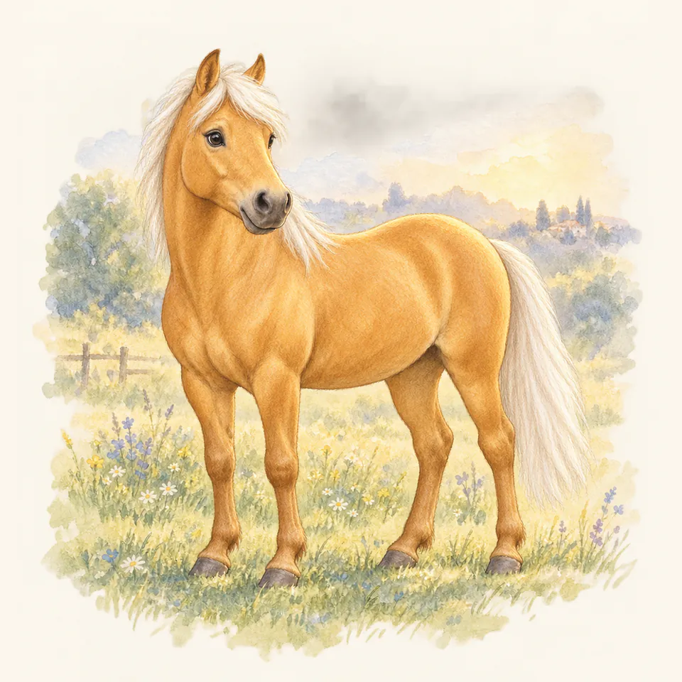 Poney de robe palomino, vu de trois quarts dans un pré.
