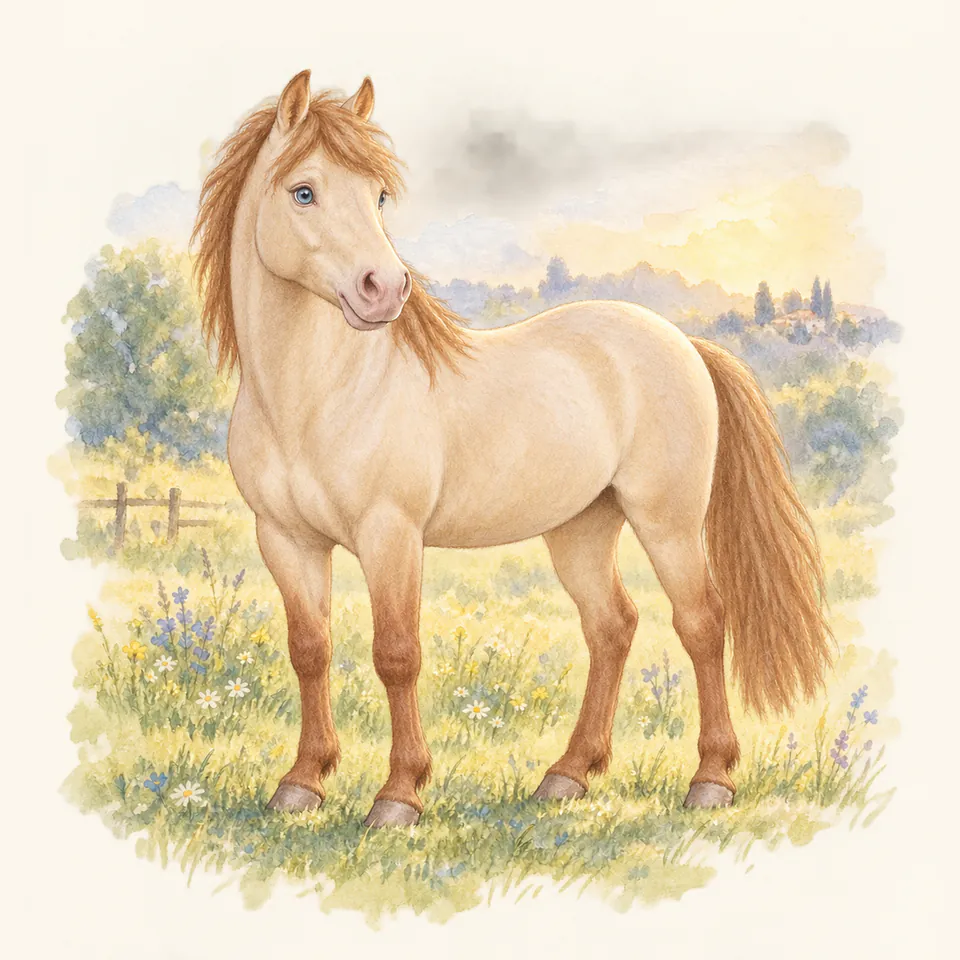 Poney de robe perlino, vu de trois quarts dans un pré.