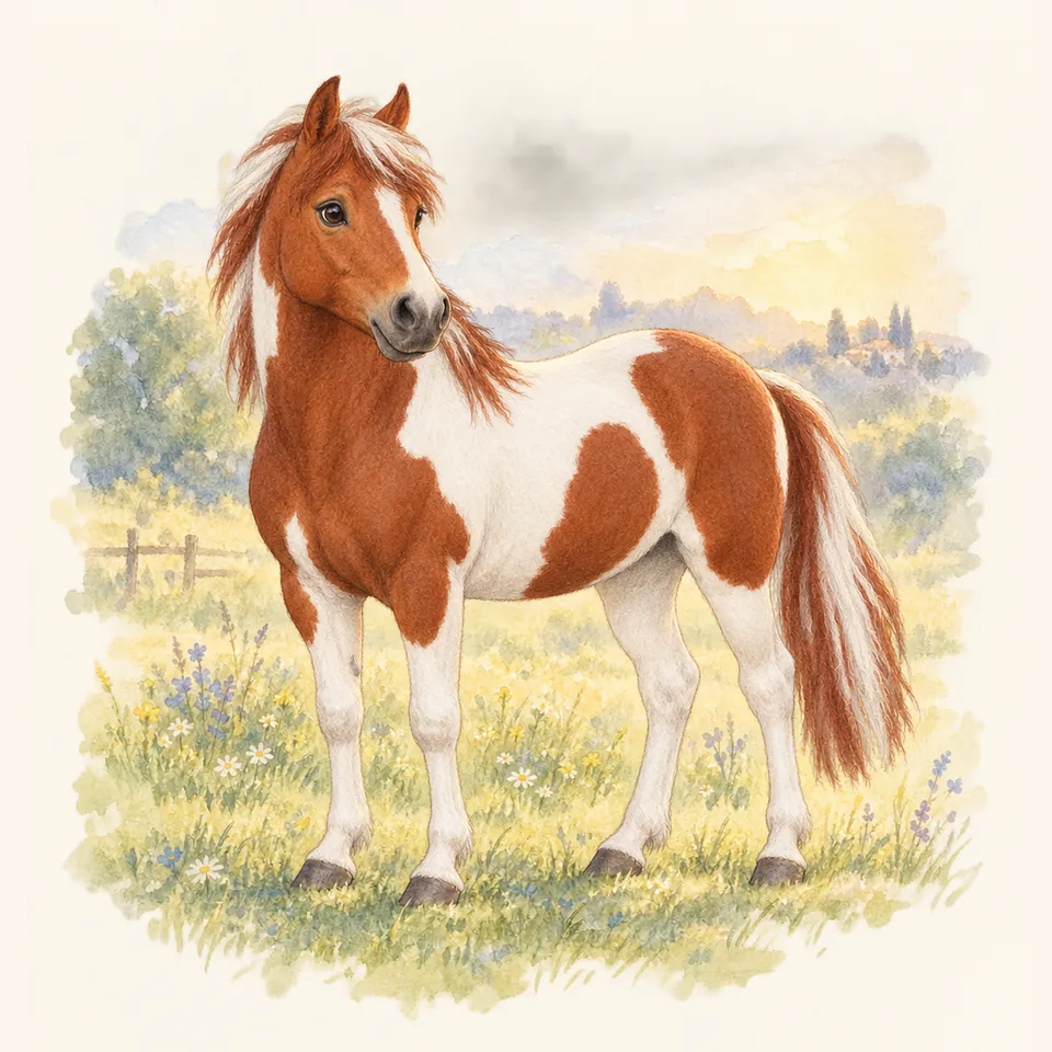 Poney de robe pie alezan, vu de trois quarts dans un pré.