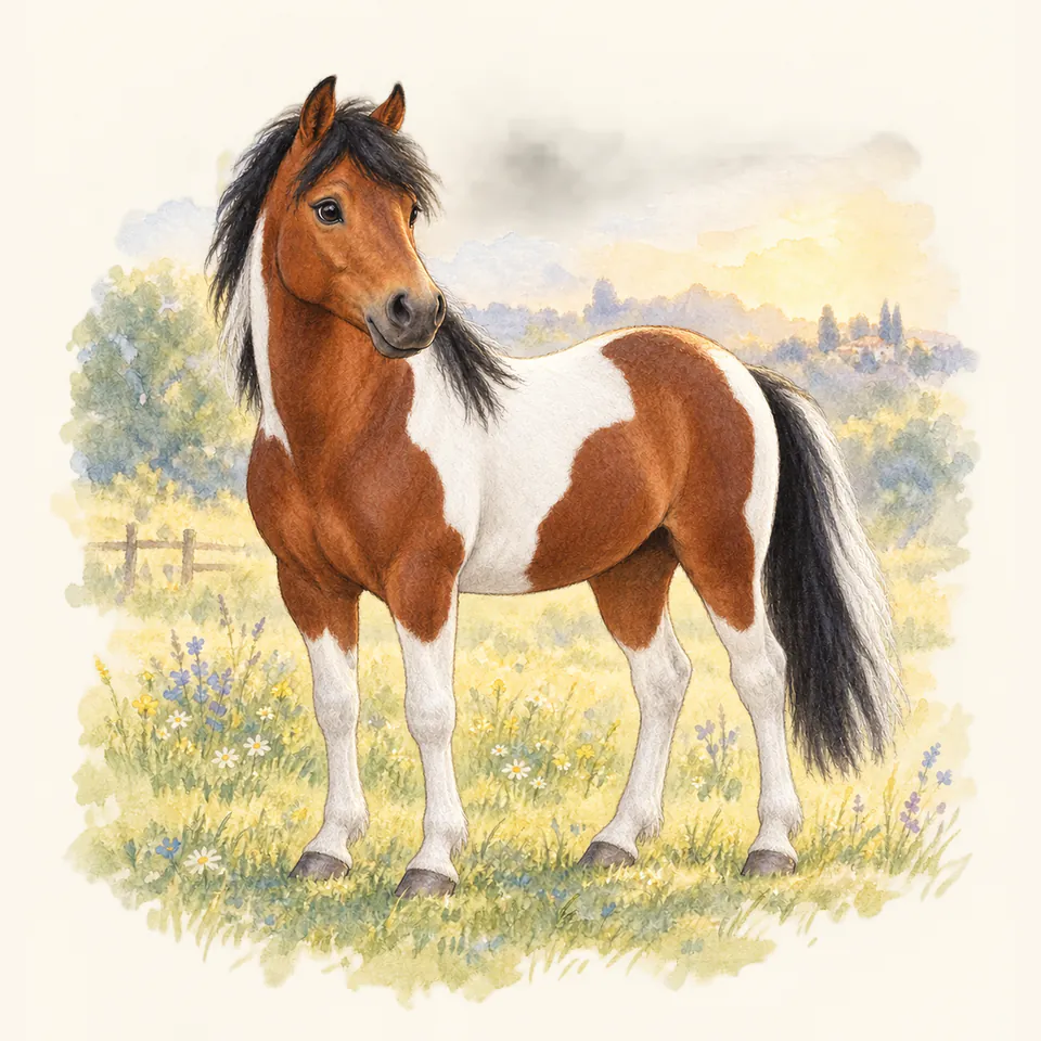 Poney de robe pie bai, vu de trois quarts dans un pré.