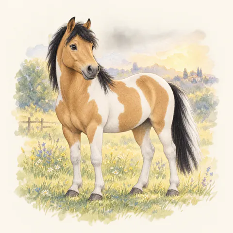 Poney de robe pie isabelle, vu de trois quarts dans un pré.
