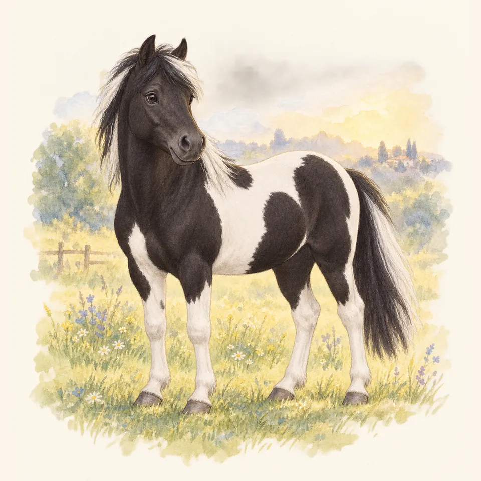 Poney de robe pie noir, vu de trois quarts dans un pré.