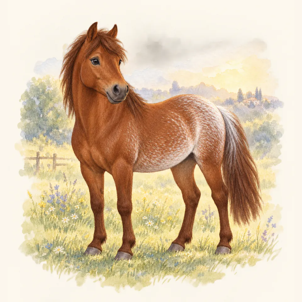 Poney de robe rabicano, vu de trois quarts dans un pré.