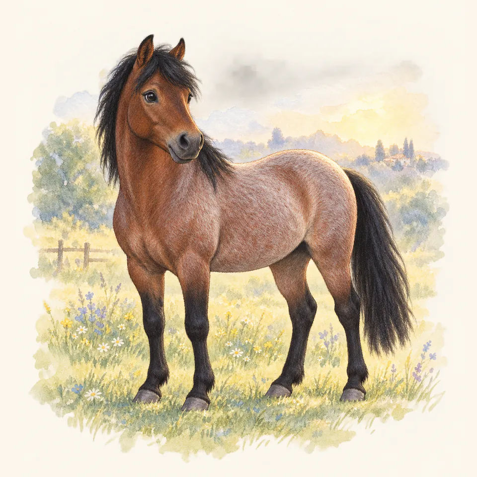 Poney de robe rouan, vu de trois quarts dans un pré.