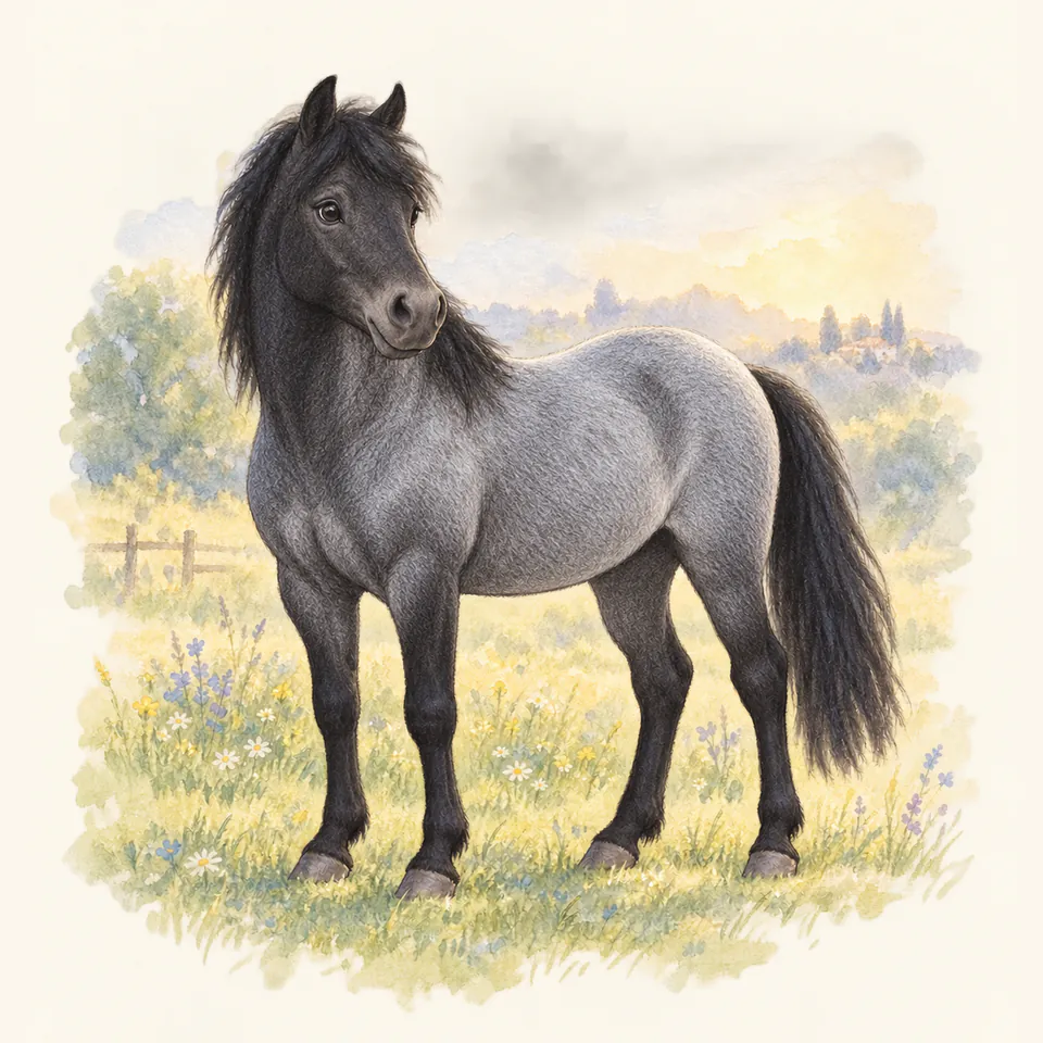Poney de robe rouan noir, vu de trois quarts dans un pré.