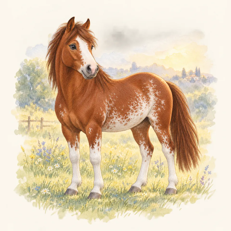 Poney de robe sabino, vu de trois quarts dans un pré.