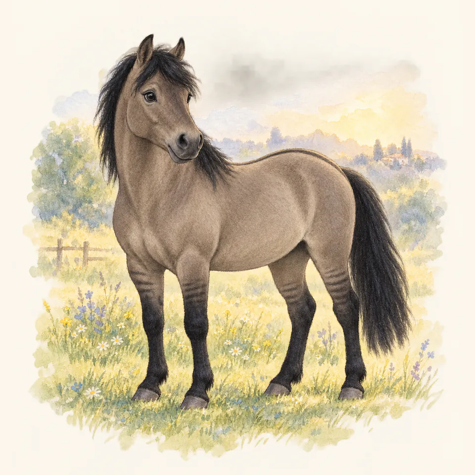 Poney de robe souris, vu de trois quarts dans un pré.