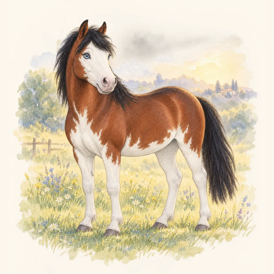 Poney de robe splashed white, vu de trois quarts dans un pré.