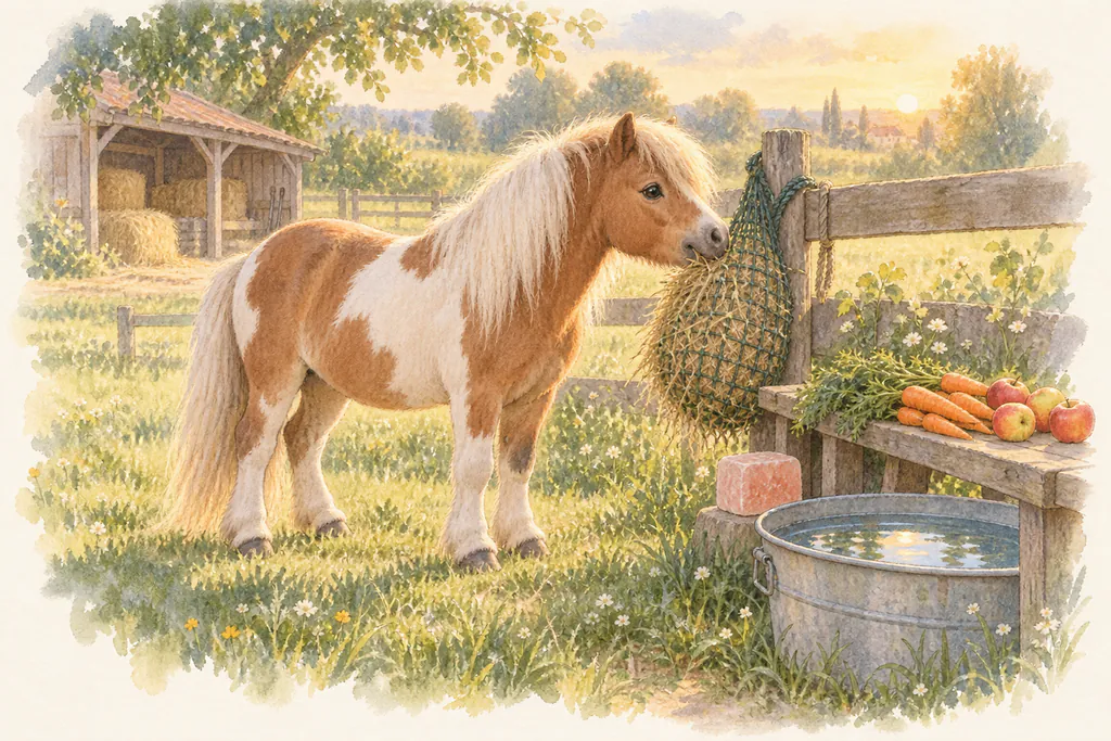 Un poney mange du foin au filet dans son paddock, à côté d'un seau d'eau, de carottes, de pommes et d'une pierre à sel.