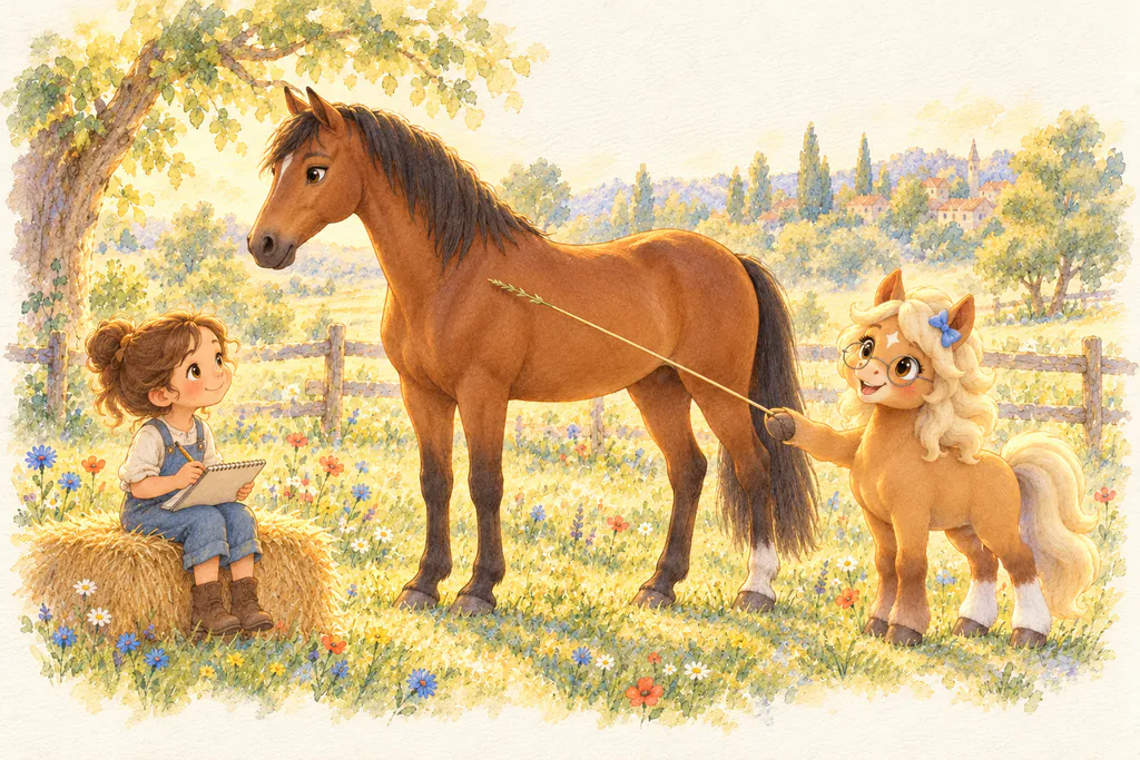 Biscotte, avec de petites lunettes, montre l'épaule d'un cheval bai pendant qu'une enfant prend des notes.