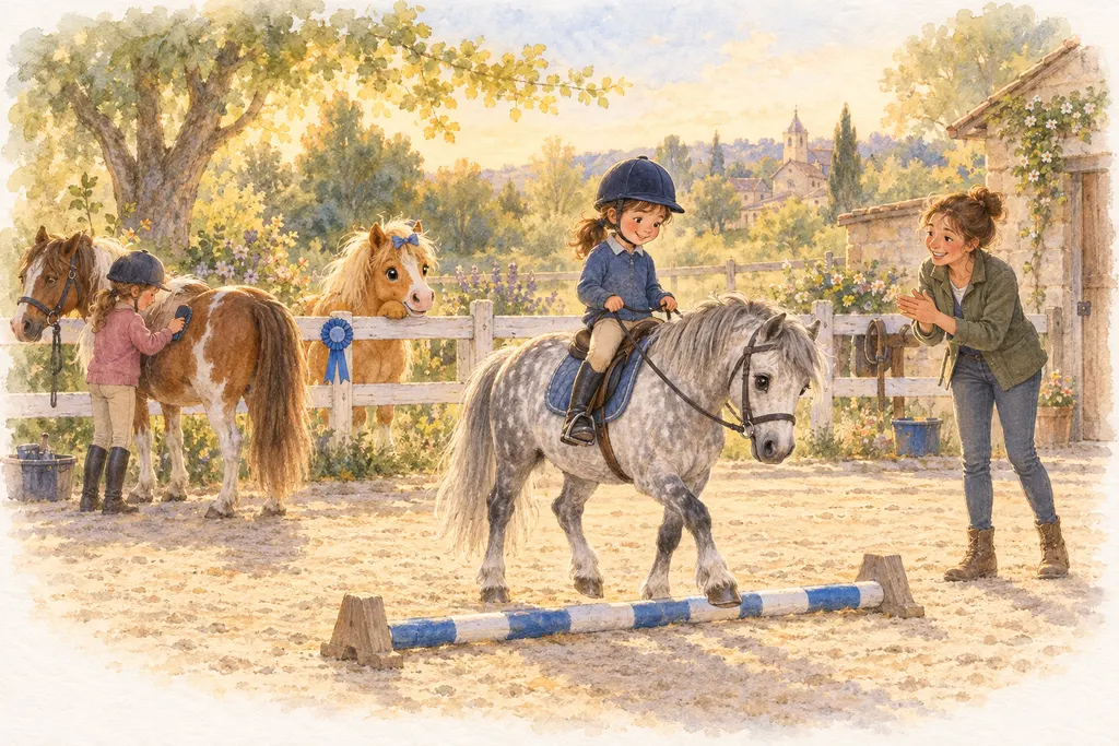 En carrière, une cavalière en bombe franchit une barre au sol sur un poney gris pommelé. La monitrice applaudit, une enfant brosse un autre poney.