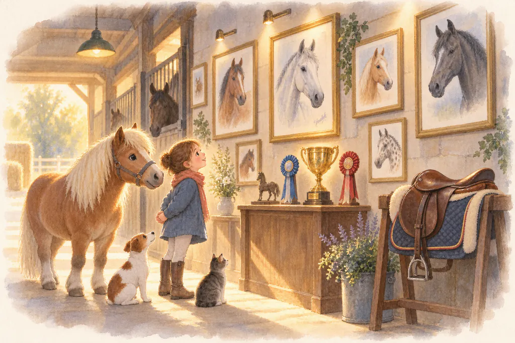Un couloir d'écurie devenu musée : portraits de chevaux encadrés, coupe dorée et flots de concours.