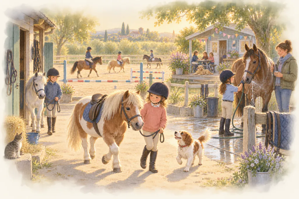 La cour animée d'un centre équestre : enfants casqués menant leurs poneys, club-house à fanions, carrière de sable.