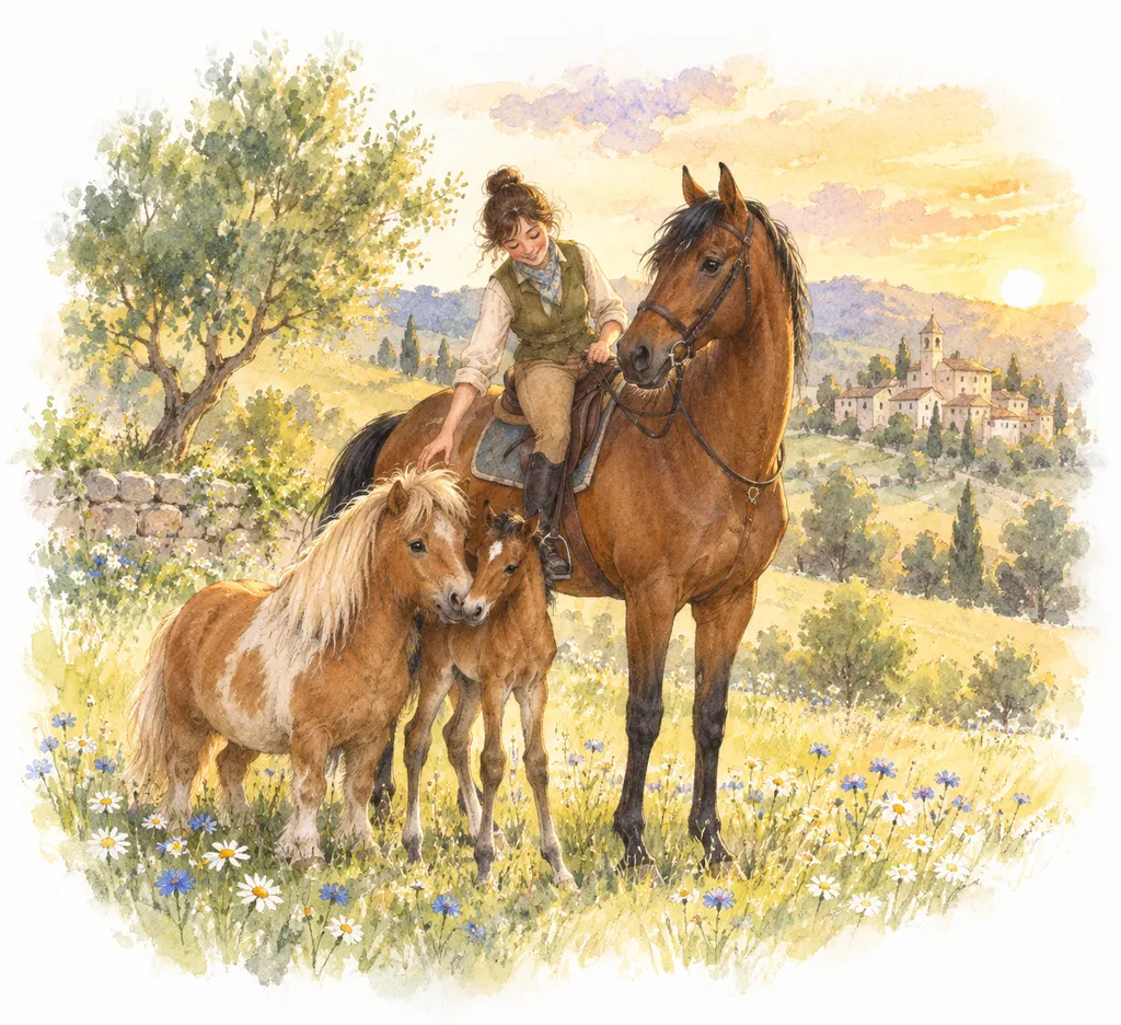 Une cavalière monte un cheval bai élancé dans un pré doré au coucher du soleil, tandis qu’une ponette et un poulain se touchent le nez.
