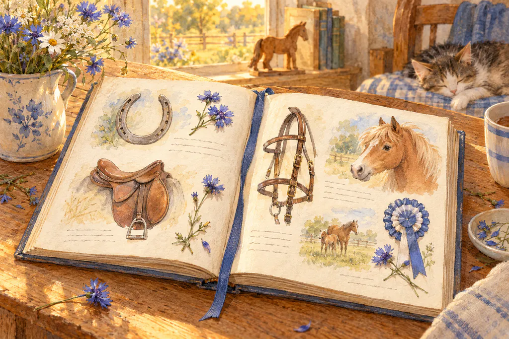 Un dictionnaire équestre ouvert, orné de petites aquarelles de fer, de selle, de bride et de flot, avec des bleuets séchés.