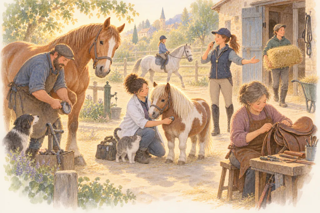 Maréchal-ferrant, vétérinaire, monitrice, palefrenière et sellier au travail dans une cour d'écurie.