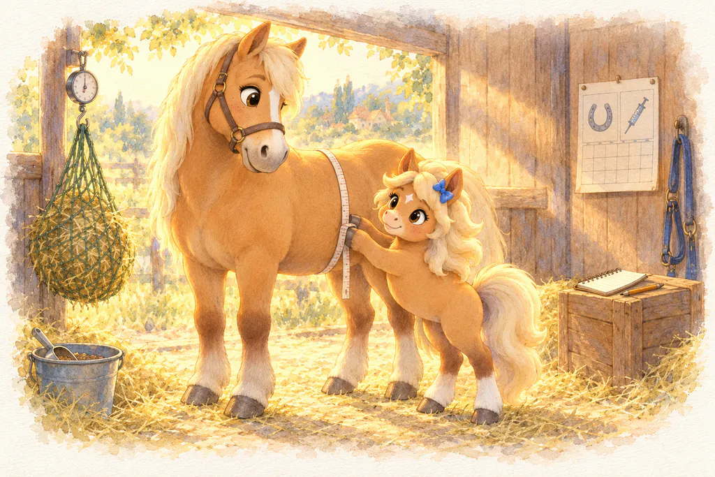 Biscotte mesure le tour de sangle d'un Haflinger avec un ruban, près d'un filet à foin pesé et d'un calendrier de soins.