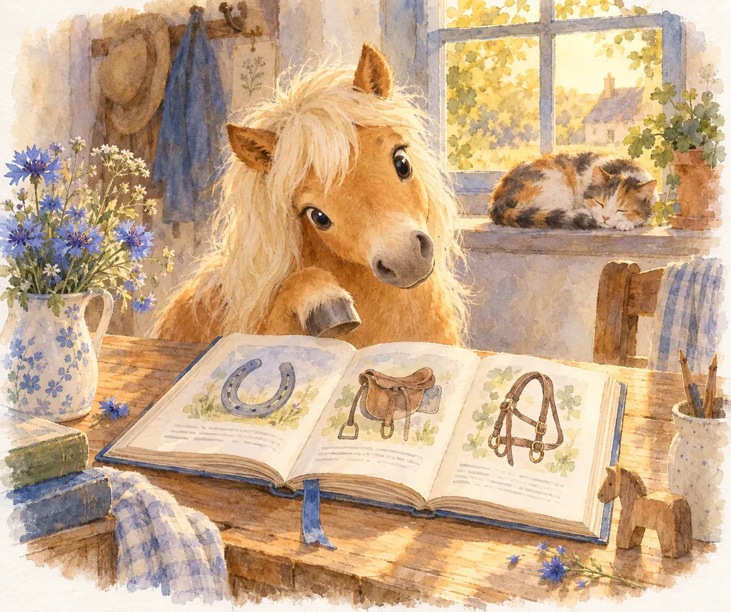 Un poney doré se penche sur un dictionnaire équestre ouvert sur une table, une patte levée. Un chat somnole au bord de la fenêtre.
