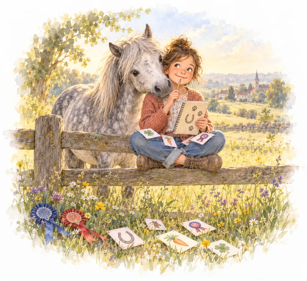 Une fillette assise sur une barrière tient un carnet de quiz et des cartes. Un poney gris pose le menton sur son épaule. Rosettes bleue et rouge dans l'herbe.