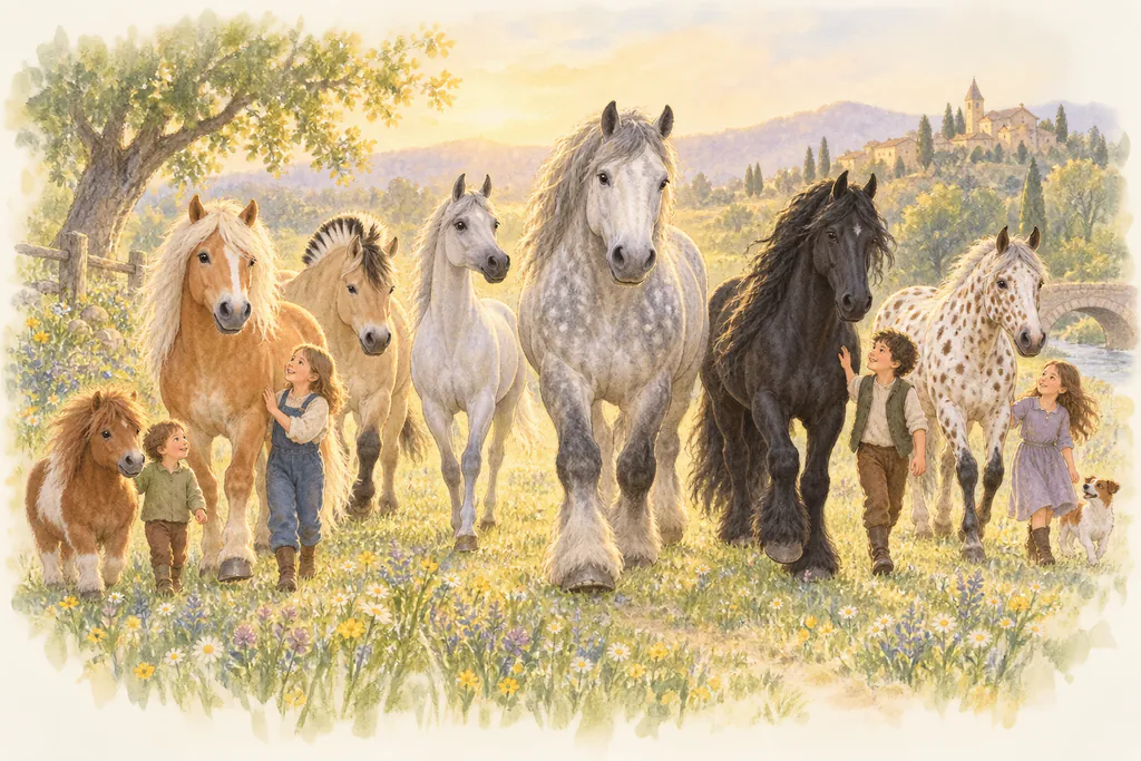 Un défilé de races : Shetland, Haflinger, Fjord, pur-sang arabe, frison, percheron et appaloosa.