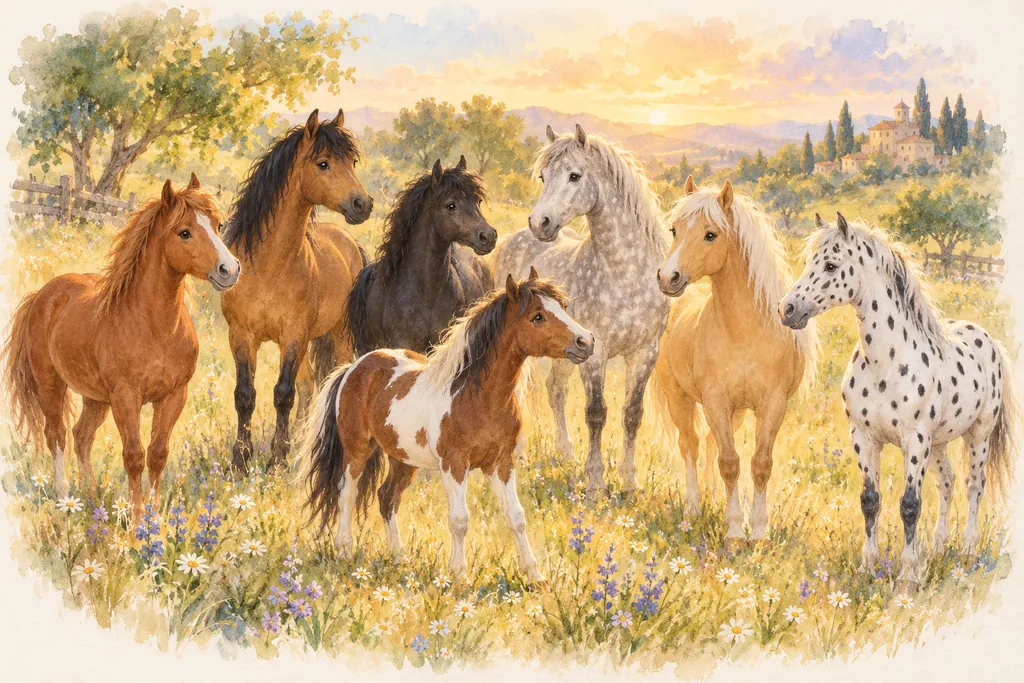 Sept chevaux de robes différentes réunis dans un pré doré : alezan, bai, noir, gris pommelé, palomino, pie et appaloosa.