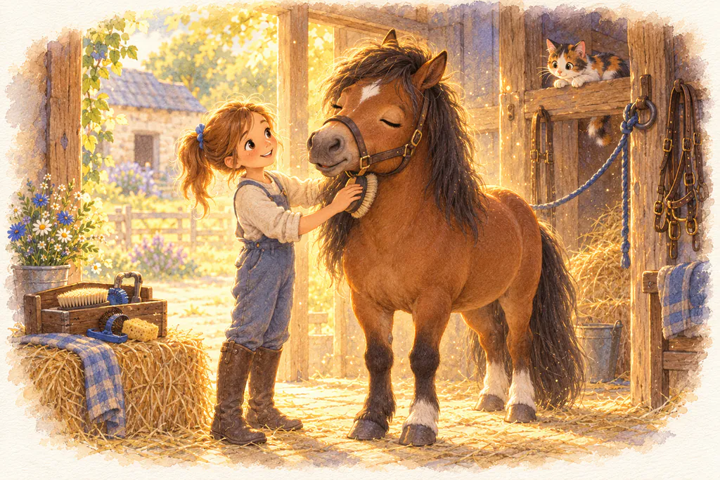 Une petite fille brosse l'encolure d'un poney bai qui ferme les yeux de plaisir, une chatte tricolore les regarde.