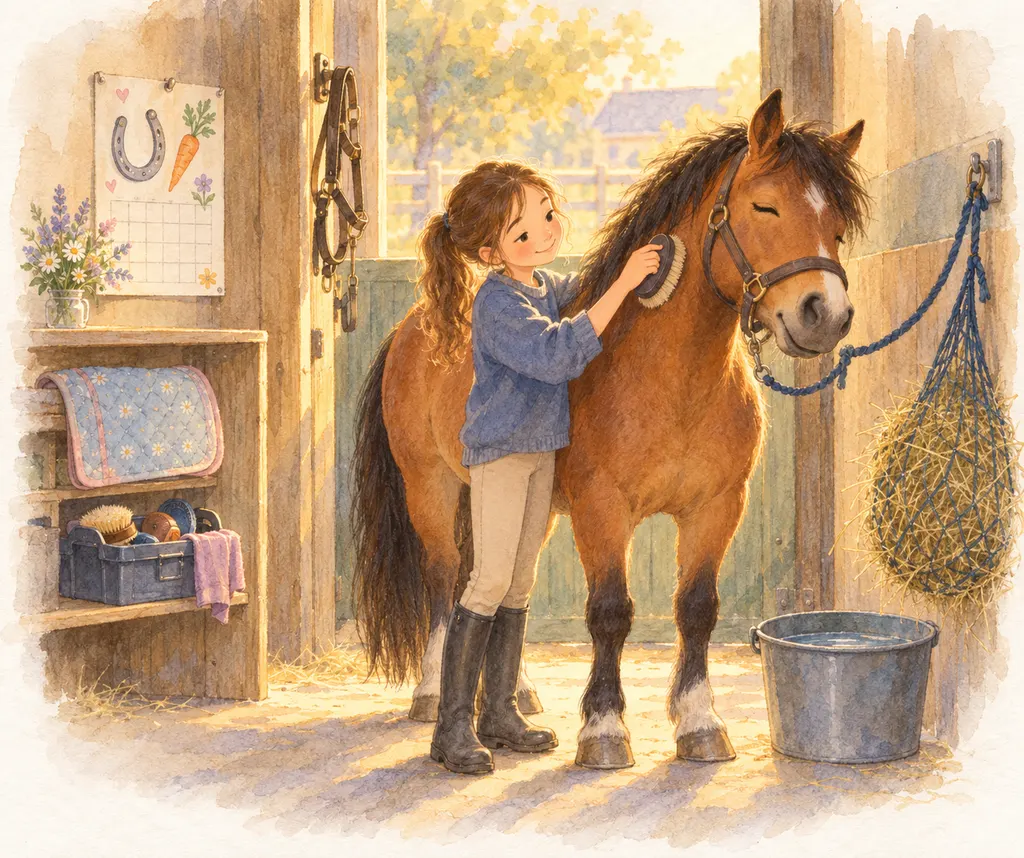 Une fillette brosse l'encolure d'un poney bai dans son box. Les yeux fermés, il apprécie ce moment, près d'un seau d'eau et d'un filet de foin.