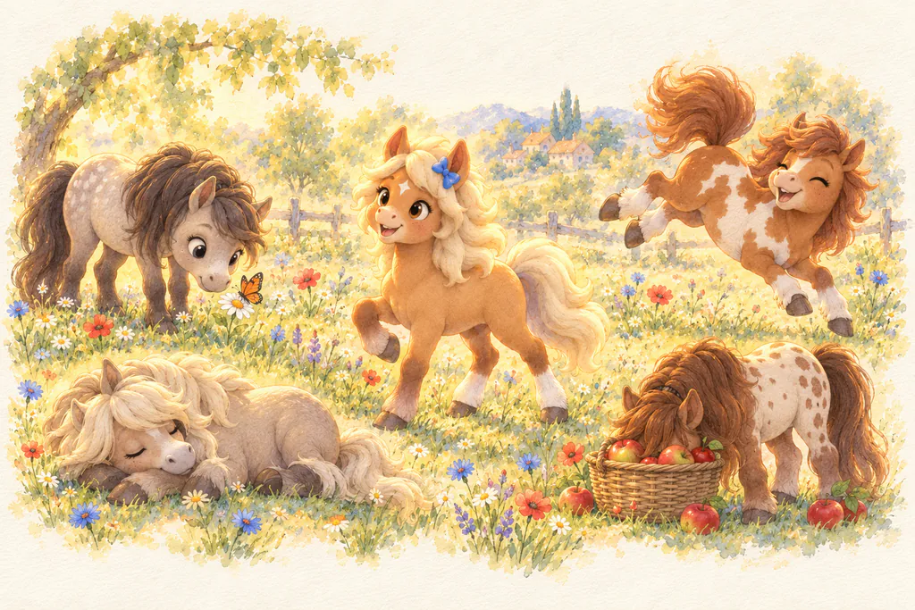 Biscotte présente quatre poneys au caractère bien différent : curieux, paresseux, joueur et gourmand.