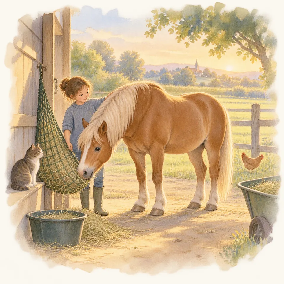 Un poney palomino baisse la tête près d’un filet à foin, accompagné d’une enfant devant une écurie