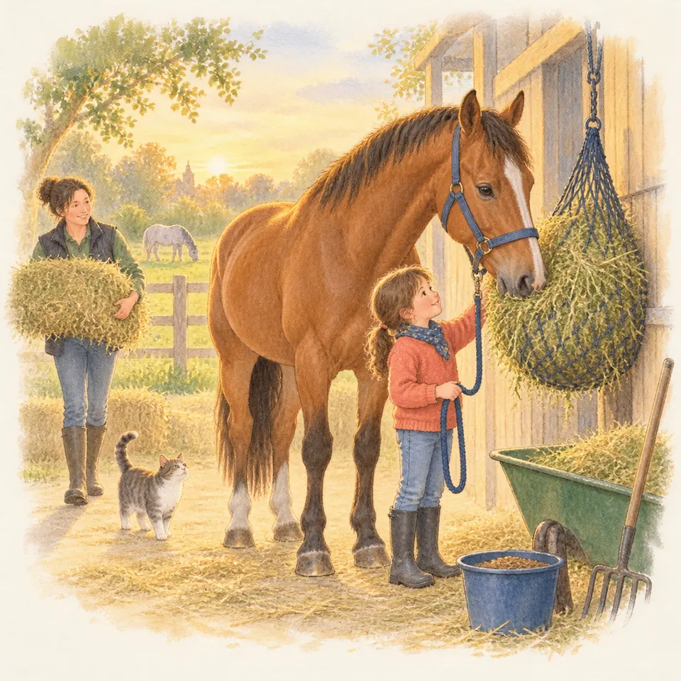 Un cheval alezan au licol mange du foin dans un filet tandis qu’une enfant tient sa longe, qu’une femme porte du foin et qu’un chat les accompagne