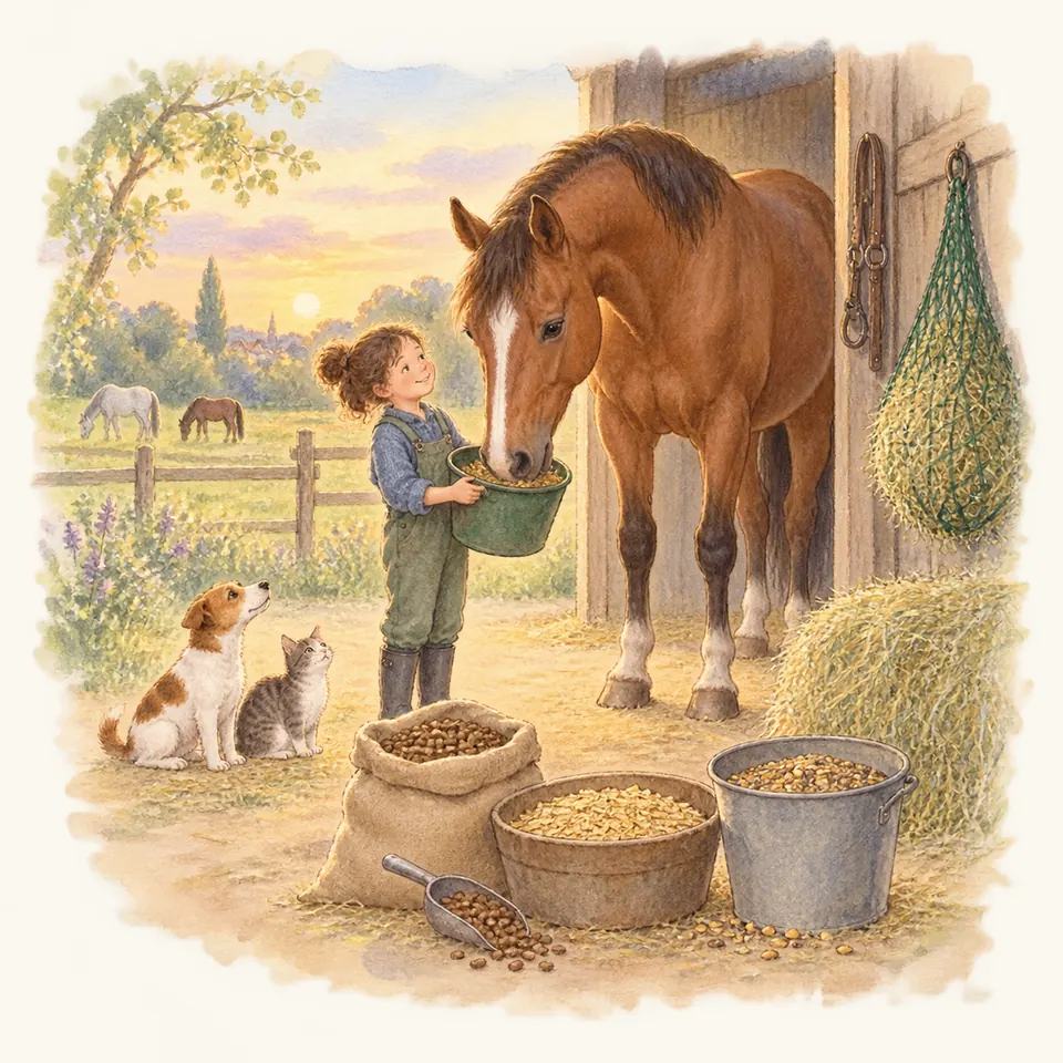 Une enfant tient un seau sous le nez d’un cheval bai, près de récipients remplis de granulés et de céréales