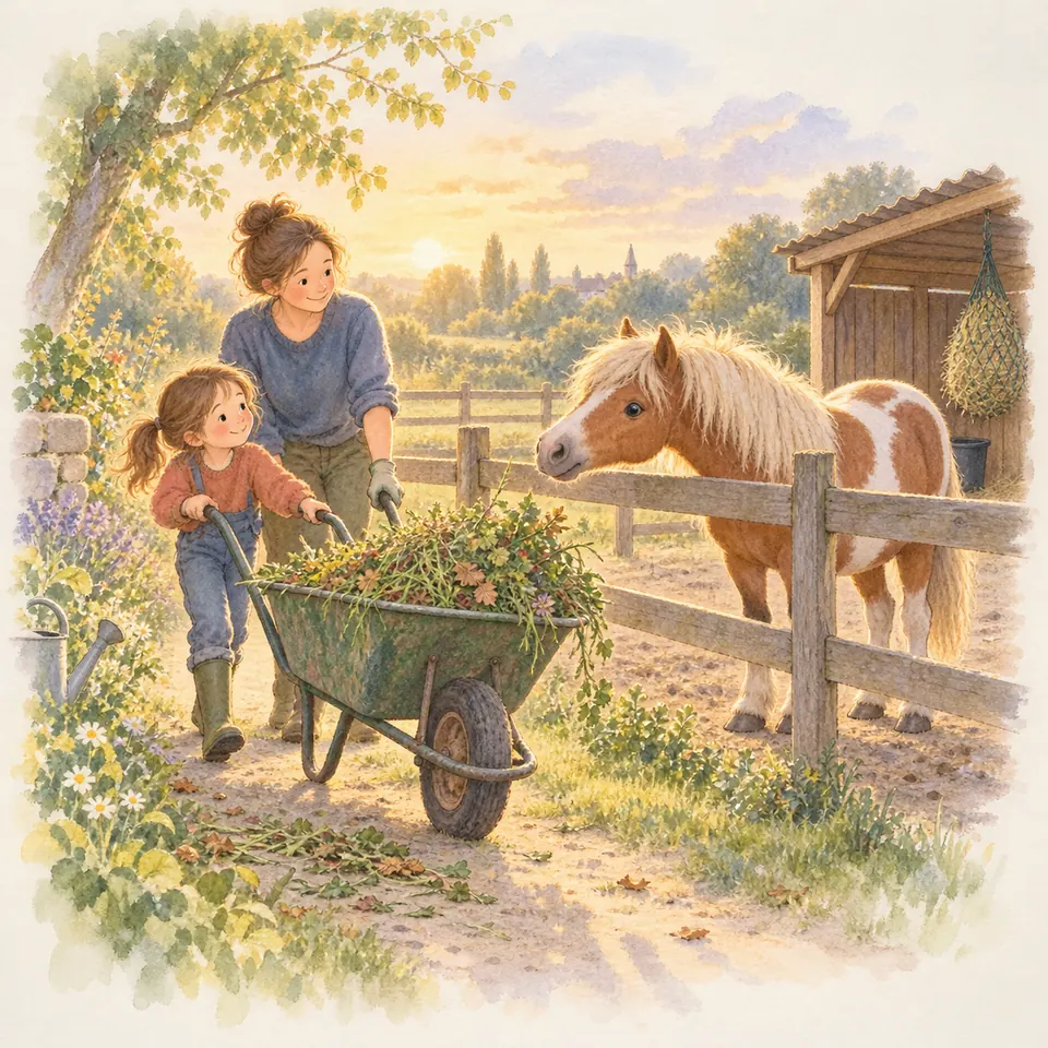 Une femme et une enfant poussent une brouette de végétaux près d’un poney pie alezan derrière la clôture d’un pré