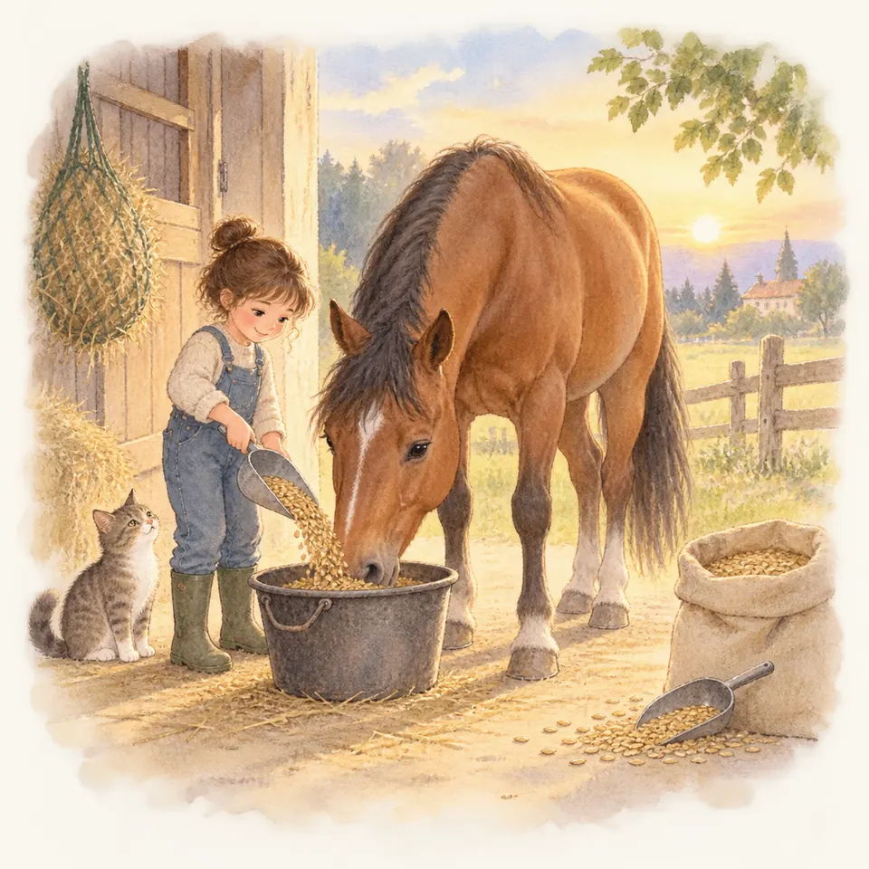 Une enfant verse des céréales avec une pelle dans un seau où mange un cheval bai, devant l’écurie