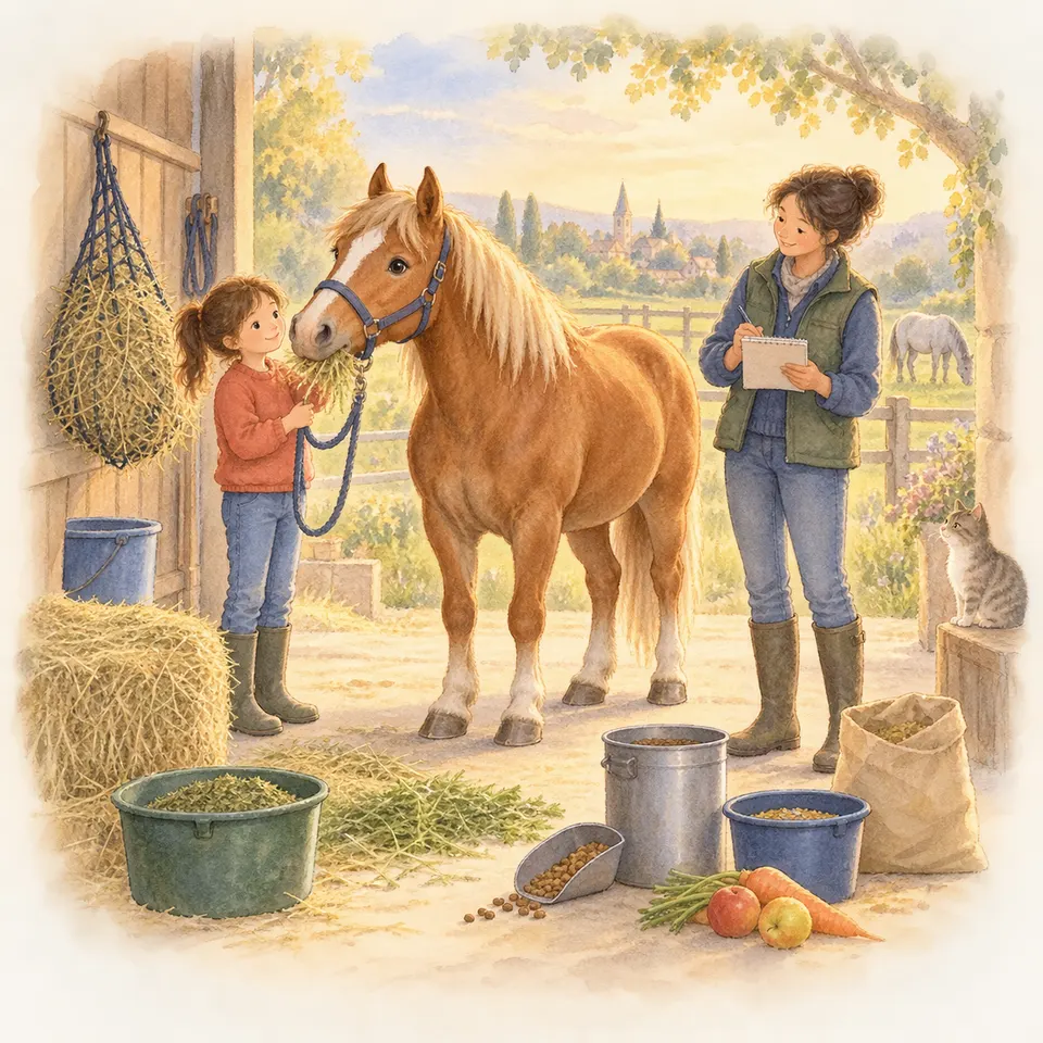 Un poney alezan porte un licol tandis qu’une enfant tient sa longe et qu’une monitrice note des observations près de l’écurie