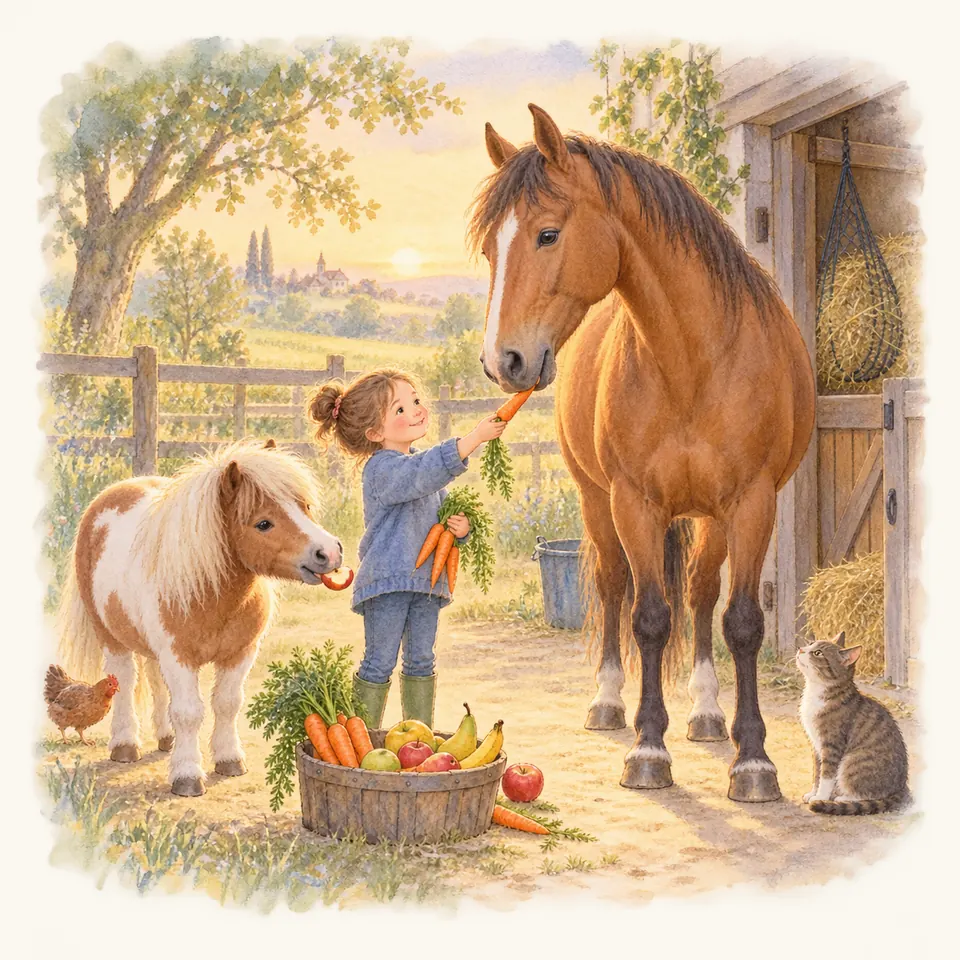 Une enfant tend une carotte à un cheval bai près d’un poney pie alezan et d’un panier de fruits et de carottes