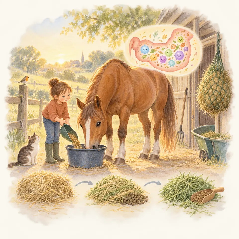 Une enfant verse des grains dans le seau d’un cheval bai, au-dessus de tas de fourrage et de granulés reliés par des flèches
