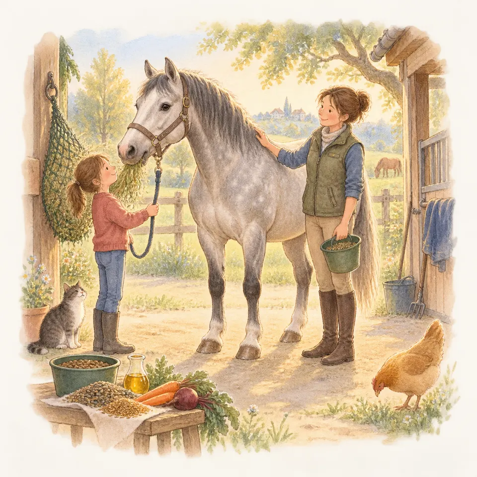 Un cheval gris harnaché au licol est tenu à la longe par une fillette tandis qu’une femme lui touche l’encolure et porte un seau de grains devant l’écurie