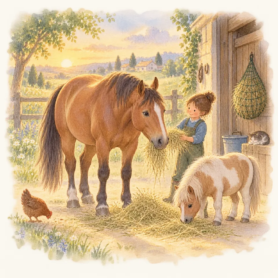 Une enfant présente du foin à un cheval bai tandis qu’un poney pie mange au sol devant l’écurie
