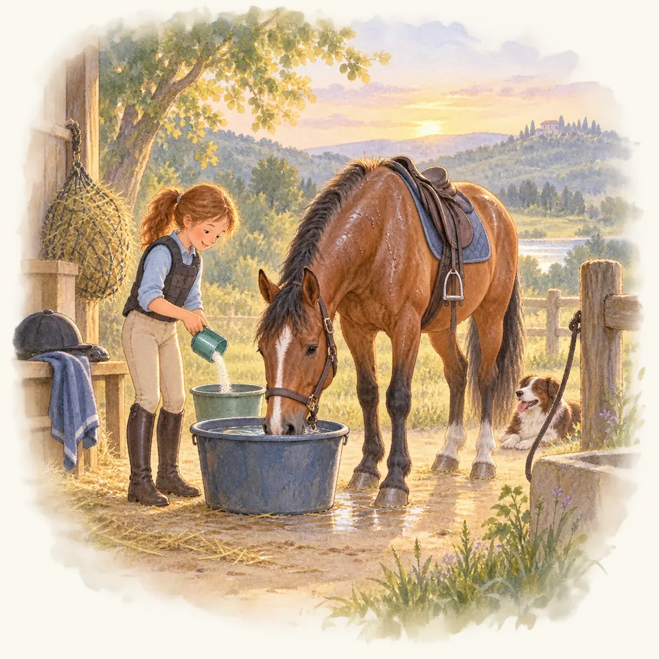 Une cavalière verse une poudre dans un seau tandis qu’un cheval bai sellé boit dans une bassine devant l’écurie