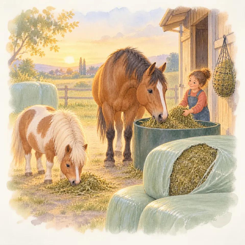 Un cheval bai et un poney pie mangent du fourrage près d’une enfant et de balles enrubannées, dont une ouverte
