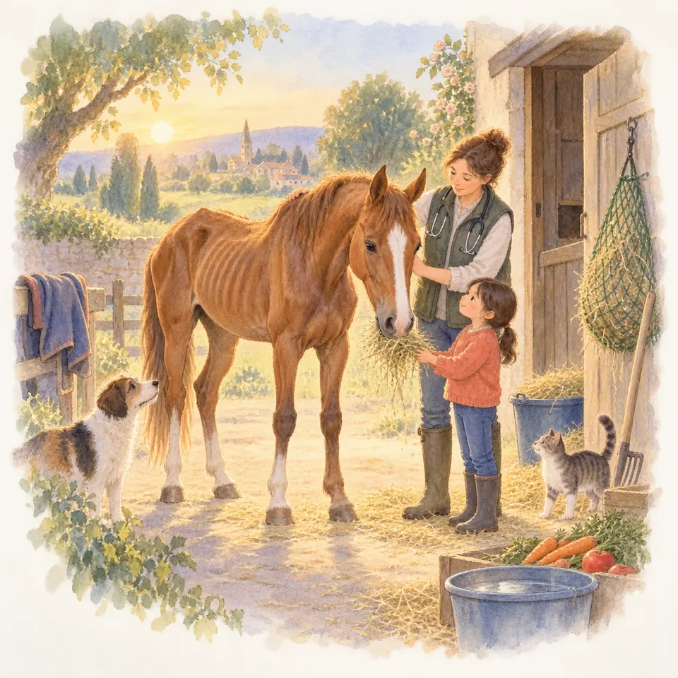 Une femme passe un ruban autour du thorax d’un cheval bai qui mange du foin, tandis qu’une enfant apporte une brassée