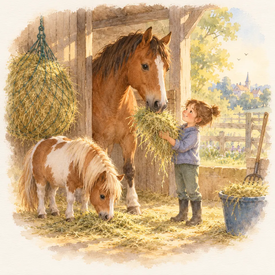 Un enfant tend du foin à un cheval bai près d’un filet à foin, tandis qu’un poney pie mange au sol dans l’écurie