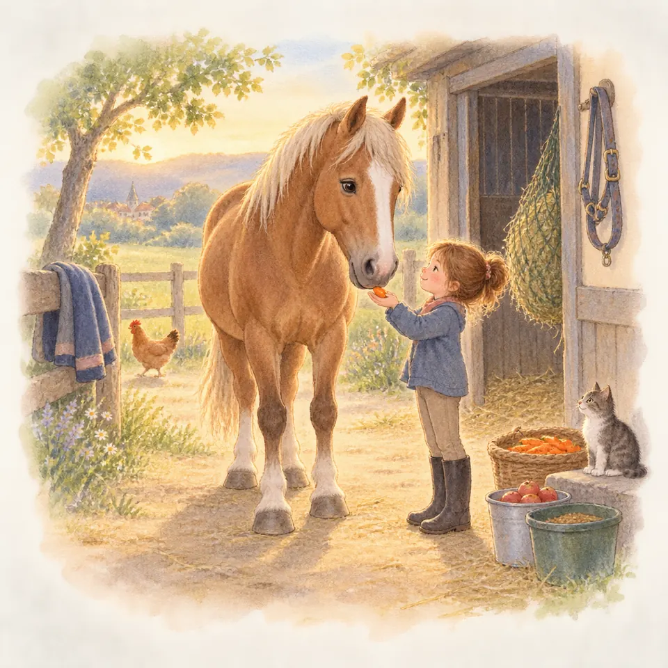 Une enfant tend un morceau de carotte à un cheval alezan aux crins clairs devant l’écurie, près de paniers de fruits