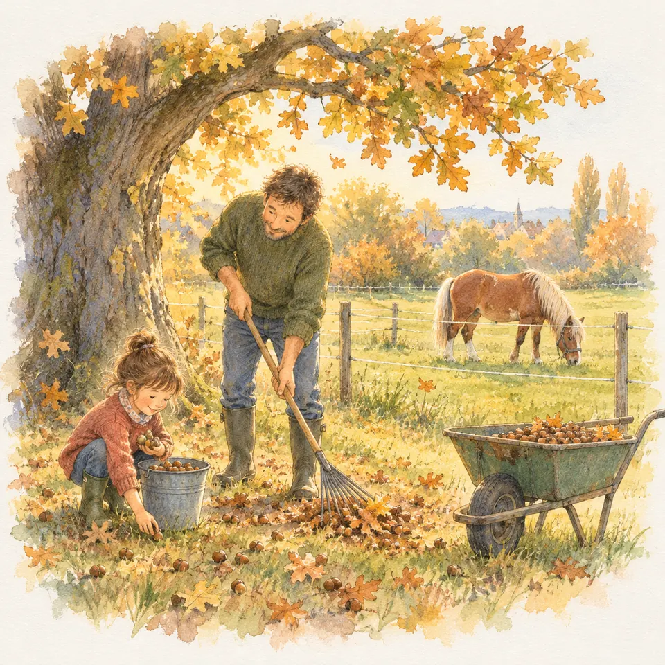 Sous un chêne, un adulte ratisse les feuilles et une enfant ramasse des glands, tandis qu’un poney broute derrière la clôture