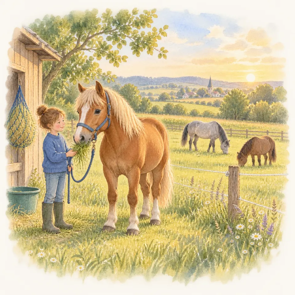Un cheval alezan et un poney pie broutent dans un pré fleuri et clôturé, près d’un enfant assis dans l’herbe et d’un abreuvoir