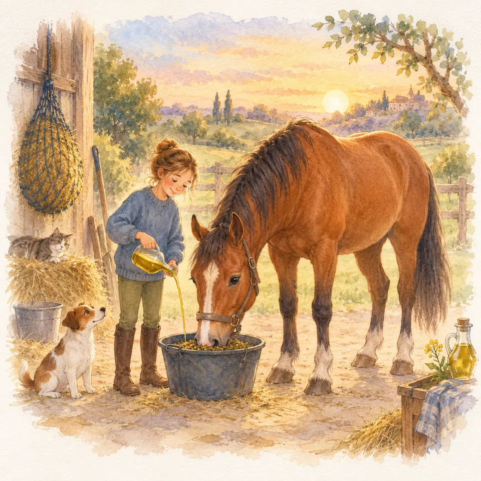 Une jeune fille verse de l’huile dans une bassine de nourriture où mange un cheval bai portant un licol, devant l’écurie