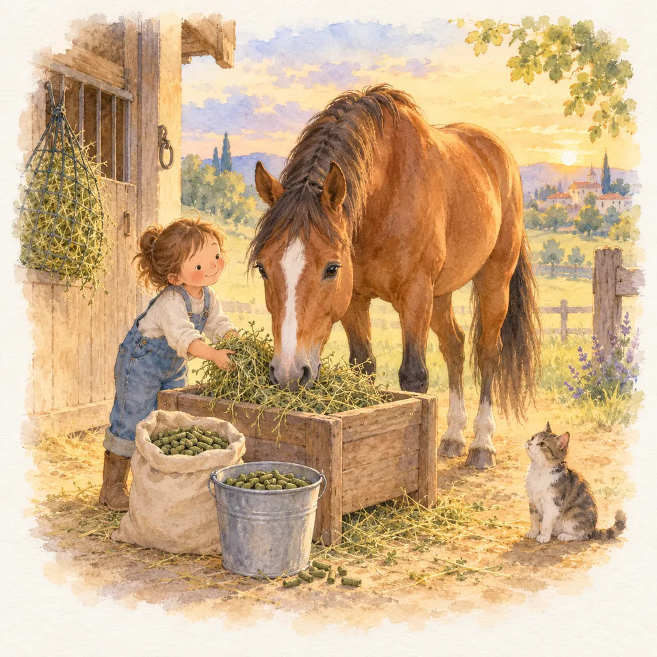 Une enfant dépose des tiges de luzerne dans une mangeoire où mange un cheval bai, près d’un sac et d’un seau de granulés