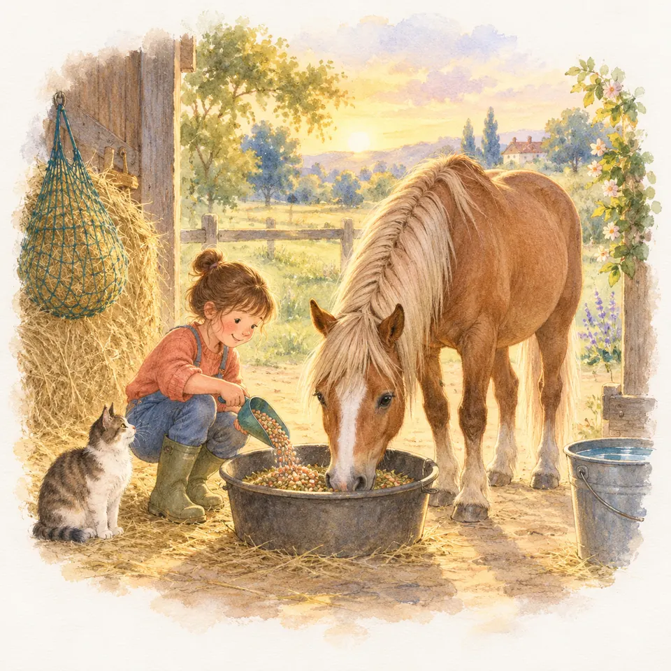 Une enfant verse des granulés avec une pelle dans la bassine où mange un cheval alezan aux crins clairs, devant l’écurie