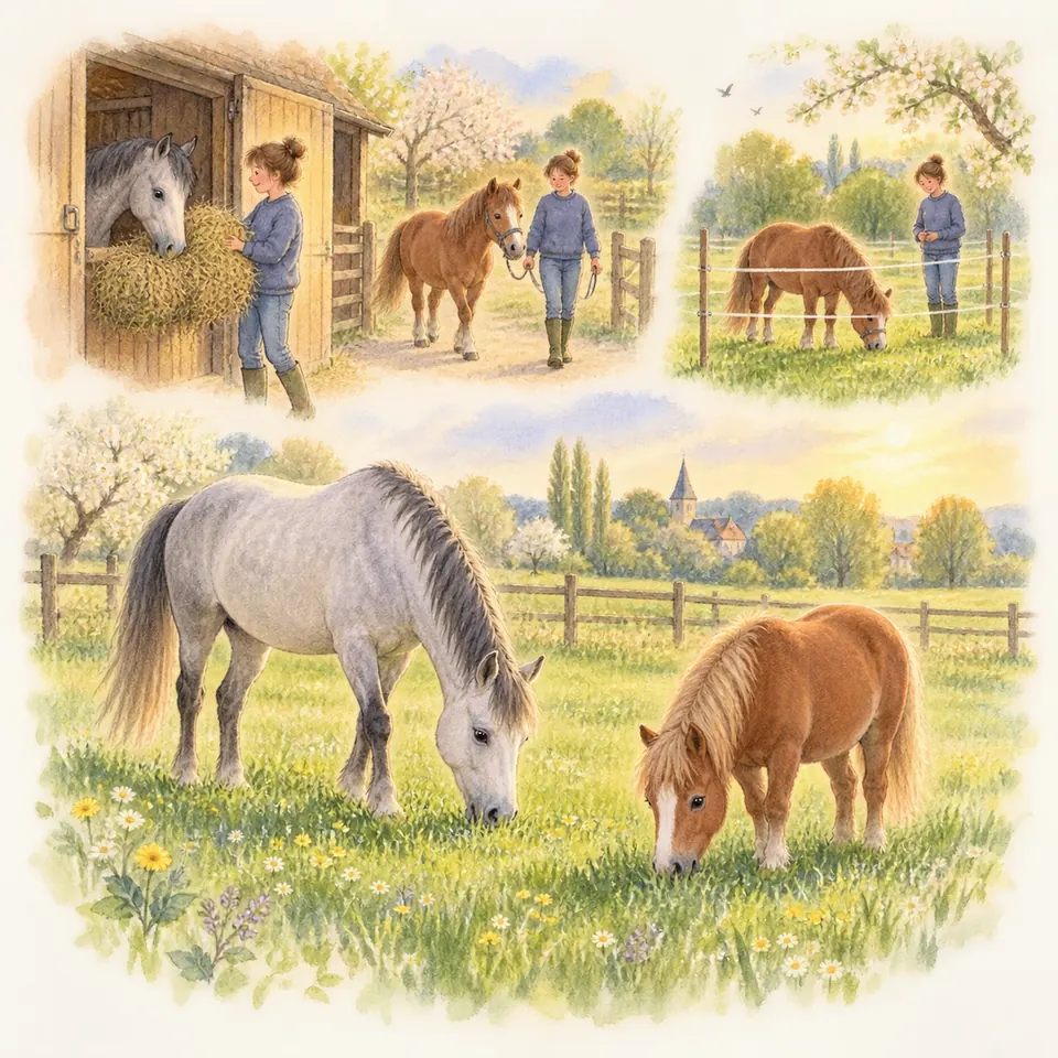 Un cheval gris reçoit du foin au box, un poney est mené en longe puis broute au pré, et tous deux pâturent ensemble