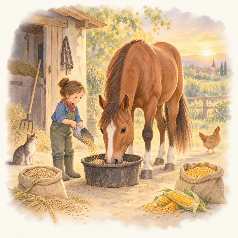 Un enfant verse des grains dans la mangeoire d’un cheval alezan, près de sacs d’orge et de maïs devant l’écurie